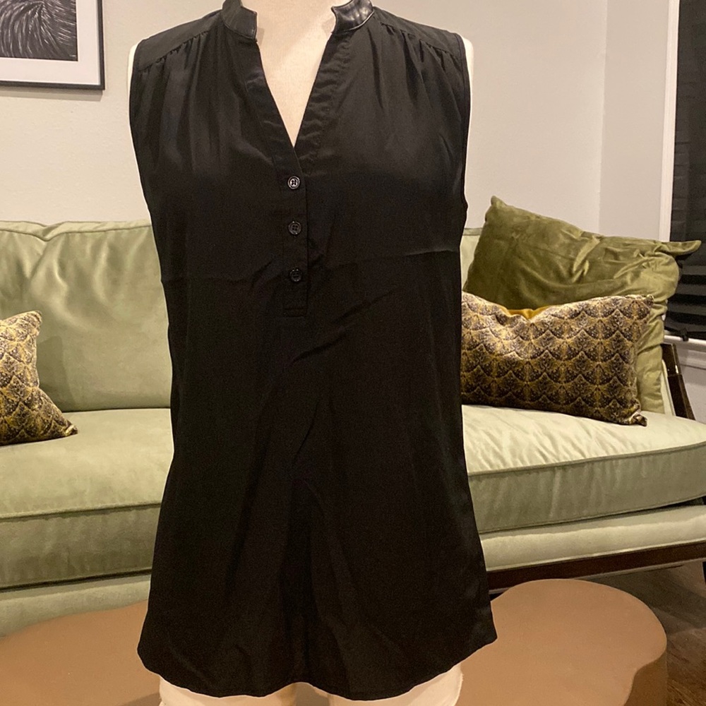 Black leather collared sleeveless blouse
